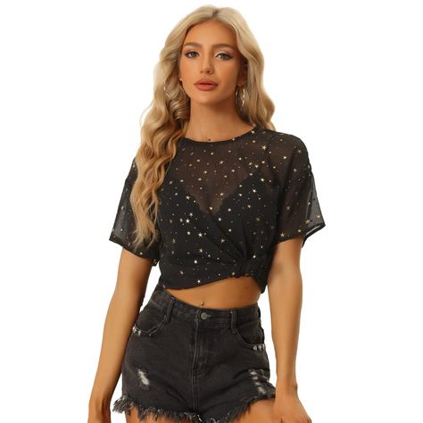 This is a very stylish top. This top consists of a crew neck, a keyhole back, short sleeves, and a chiffon fabric design. It is perfect for spring and fall, suitable for many occasions such as dates, parties, weekends, music festivals and more. Perfect for casual weekend looks. This top can easily create a chic look. The classic glitter star pattern makes this sheer shirt more admiring. Sheer Black Top Outfit, Black Sheer Top Outfit, Black Glitter Top, Eras Outfits, Belly Shirts, Cowgirl Costume, Tate Mcrae, Pleated Tops, Floral Lace Tops