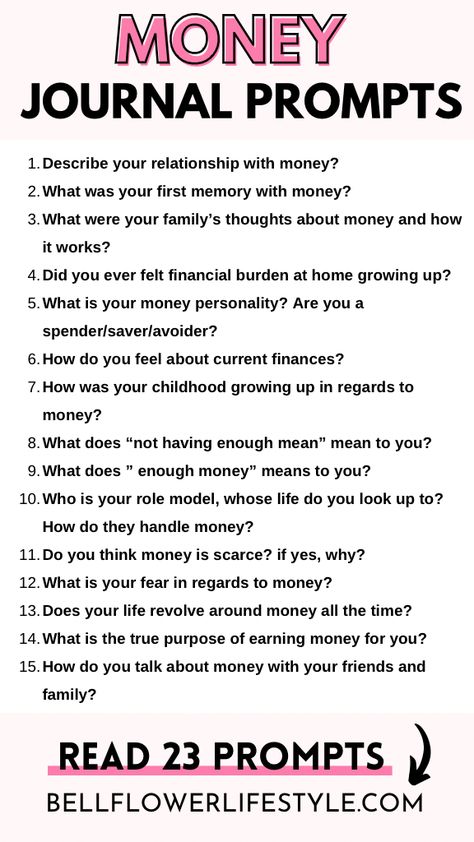 23 Money Journal Prompts for Growth Mindset and Manifestation Journal Prompts For Abundance, Shadow Work Journal Prompts Money, Finance Journal Prompts, Money Shadow Work Prompts, Shadow Work Money, Money Blocks Journal Prompts, Money Manifestation Journal Prompts, Money Mindset Journal Prompts, Career Manifestation Journal Prompts