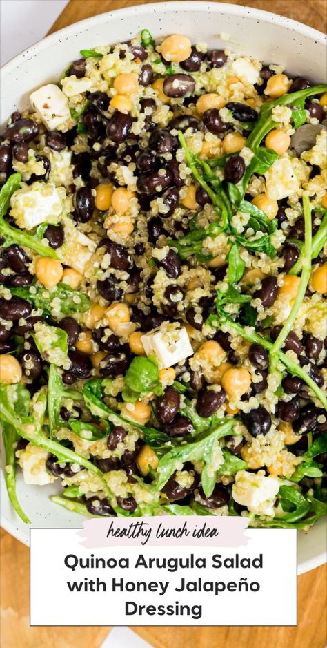 This quinoa and arugula salad is a delicious salad perfect for those looking for healthy recipes. Featuring black beans, feta cheese, quinoa, and arugula, it's a fresh choice for lunches and summer days. Try this arugula quinoa salad for a new salad idea and a tasty quinoa recipe! Quinoa Salad Dressing Recipes, Vegan Arugula Recipes, Arugula Meal Prep, Quinoa Salads, Quinoa Dinner Recipes, Quinoa And Arugula Salad, Arugula Quinoa Salad, Whole Foods Quinoa Salad, Quinoa And Arugula Recipes