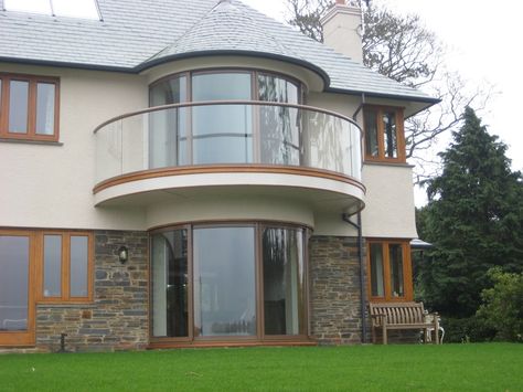 Curved Glass Sliding Doors http://www.balconette.co.uk/ French Window Design, Modern Victorian House, Round Balcony, Barn Conversion Exterior, French Window, Frameless Glass Doors, Glass Balcony, Balcony Design Ideas, House With Balcony