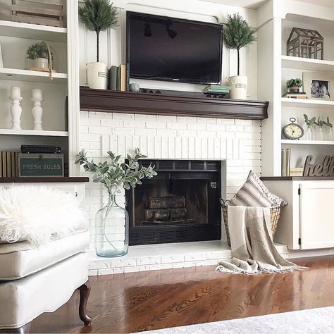 Fake Built Ins Around Fireplace, Remodel Fireplace Before And After, Fireplace Bookshelves Built In, Fireplaces With Bookcases On Each Side, Painted Built Ins, Fireplace Redo, Wood Mantle, Fireplace Tv Wall, Benjamin Moore White