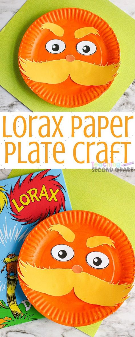 The Lorax is a fun creature and kids love putting together this Lorax Paper Plate Craft. A fun thing to do to honor Dr. Suess. #drseuss #lorax #paperplatecraft #teachingsecondgrade #kidsactivity #kidscrafts | Easy Kids Activity | Dr Seuss Craft | Paper Plate Crafts | Dr Seuss Lorax | Easy Kid Craft Lorax Craft, Dr Seuss Craft, Dr. Seuss Crafts, April Themes, Dr Seuss Lorax, Dr Seuss Preschool, Dr Seuss Activities, Dr Seuss Crafts, Easy Kid Activities