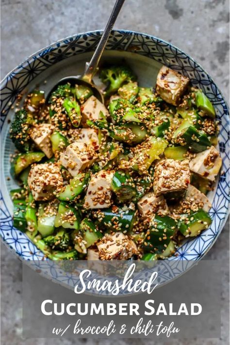 cucumber salad Broccoli And Tofu, Salad With Broccoli, Chili Tofu, Smashed Cucumber, Broccoli Tofu, Smashed Cucumber Salad, Marinated Cucumbers, Black Lentils, Tofu Salad