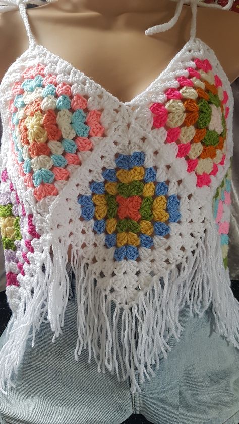 Granny Square Crop Cardigan, Granny Square Boho Top, Granny Square Festival Top, Retro Crochet Top, Crochet Crop Top Granny Square, Granny Square Tube Top, Granny Square Crochet Top Pattern, Crochet Tops Granny Square, Granny Squares Top