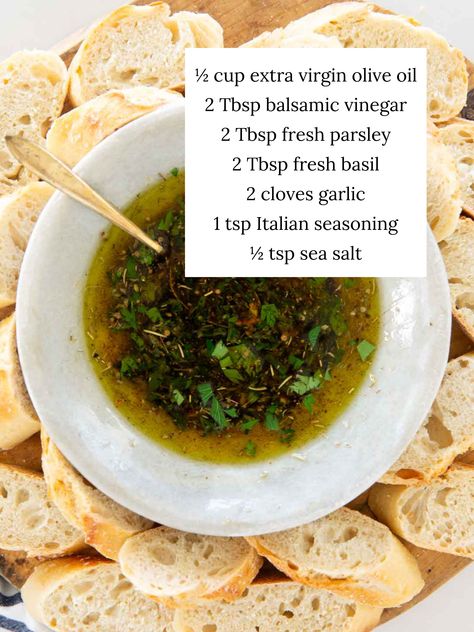 Bread dipping oil in a small bowl with sliced baguette placed on a tray and ingredients listed. Bread And Dipping Oil Platter, Bread Dipping Oil Recipe Balsamic, Bread Dips Recipes Appetizers, Dipping Bread Recipe, Bread Station, Rv Snacks, Oil Bread Dip, Olive Oil Bread Dip, Bread Dips Recipes