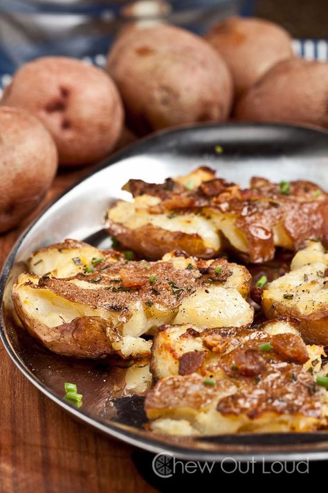 Smashed Red Potatoes 2 Smashed Red Potatoes, Red Potato Recipes, Parmesan Roasted Potatoes, Honey Mustard Vinaigrette, Smashed Potatoes, Fries In The Oven, Potato Dishes, Fried Potatoes, Red Potatoes