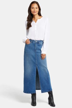 How to Style A Denim Maxi Skirt if You're Over 50 - Natty Gal Long Denim Jean Skirt Outfits, Denim Skirts For Women Over 50, Style A Long Denim Skirt, How To Wear A Long Jean Skirt, How To Style Denim Maxi Skirt, Styling A Denim Skirt, How To Style Long Jean Skirt, Styling Long Denim Skirt, Denim Jean Skirt Outfits