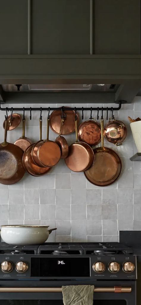 Copper Pans Hanging, Leanne Ford Interiors, Rust Kitchen, Copper Pots And Pans, Zia Tile, Victorian Kitchen, Copper Cookware, Copper Pots, Copper Kitchen