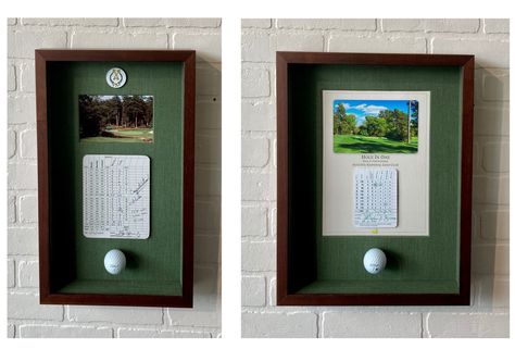 Hole In One Display Golf, Hole In One Golf Ball Display, Hole In One Shadow Box Ideas, Golf Shadow Box Ideas, Hole In One Display, Golf Ball Display, Golf Ball Display Case, Golf Scorecard, Golf Ball Displays