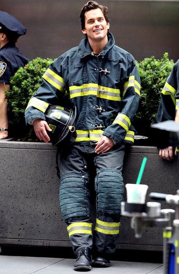 Matt Bomer donned a firefighter's uniform shooting White Collar Rodney King, Matt Bomer White Collar, The Normal Heart, John Barrowman, Set Photo, Grant Gustin, Stephen Amell, Fire Fighter, Matt Bomer