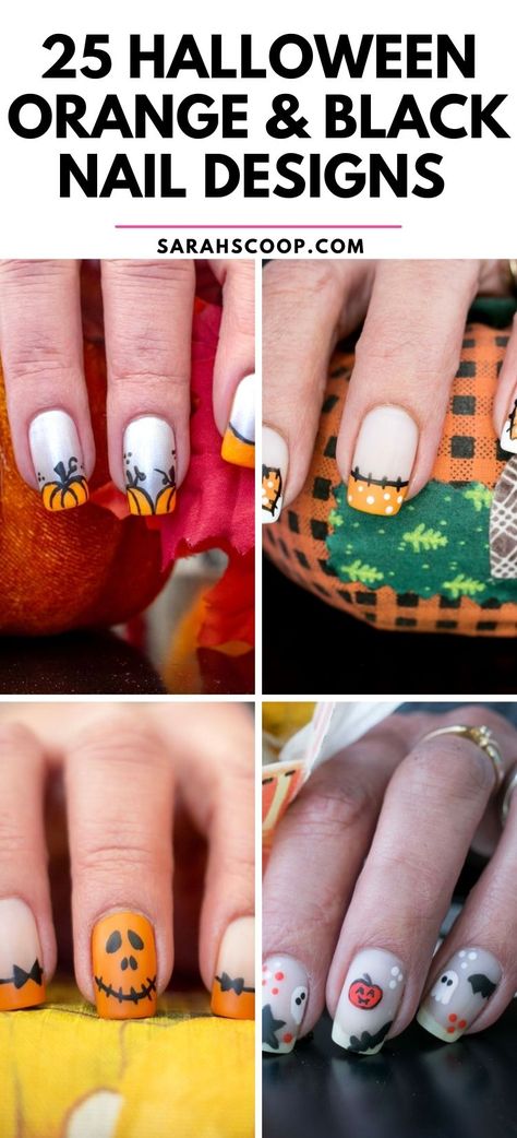 Halloween Orange Nails, Halloween Nails Orange And Black, Halloween Nails Black And Orange, Black And Orange Nail Designs, Nails In Orange, Black And Orange Halloween Nails, Orange And Black Nail Designs, Orange And Black Nails, Nail Designs Orange