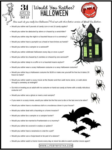 Halloween After School Activities, Would You Rather Halloween Edition, Halloween Conversation Starters, Halloween Would You Rather Questions, Halloween Would You Rather For Adults, Would You Rather Halloween Questions, Halloween Would You Rather For Kids, Would You Rather Halloween, Halloween Would You Rather