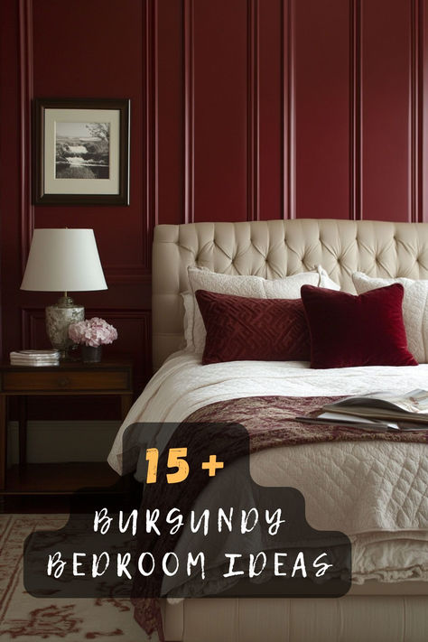 Burgundy bedrooms exude elegance and style! These 16 beautiful ideas include charming decor, statement walls, and cozy accents to make your room feel luxurious. Click to see them all! 🛏️✨ #BurgundyBedroom #HomeDecor #ElegantRooms #BedroomInspo #StylishSpaces #InteriorTrends #RoomDesign Wine Red Bedroom Ideas, Burgundy Accent Wall Bedroom, Maroon Room Ideas, Red Wall Bedroom Ideas, Burgundy Bedrooms, Burgundy Room Ideas Bedrooms, Burgundy Bedroom Decor, Burgundy Accent Wall, Bedroom Burgundy