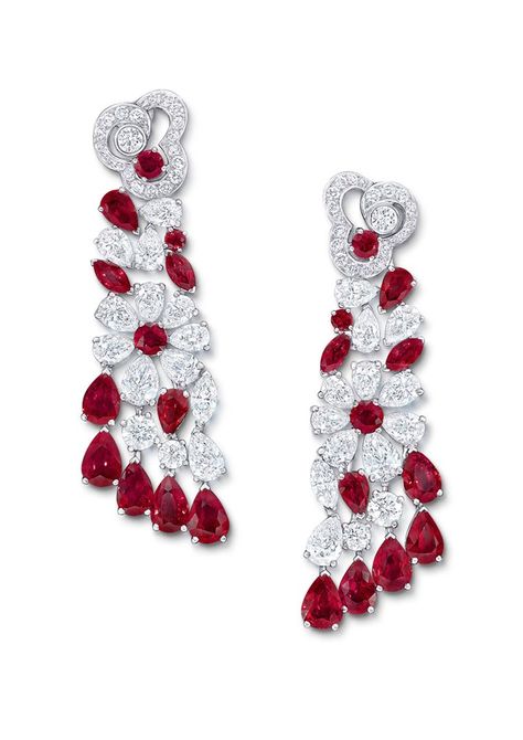 Graff Nuage collection drop earrings with rubies and diamonds in a minimal platinum setting. Jeanne Toussaint, Graff Diamonds, Rubies And Diamonds, Diamond Chandelier, Ruby Earrings, Ruby Jewelry, Red Earrings, Fine Jewels, Earrings Long