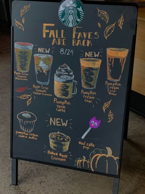 Fall Menu Board, Pumpkin Spice Chalkboard Art, Fall Coffee Chalkboard Art, Starbucks Board Ideas, Coffee Shop Chalkboard, Starbucks Decor, Starbucks Chalkboard Art, Starbucks Chalkboard, Autumn Signs