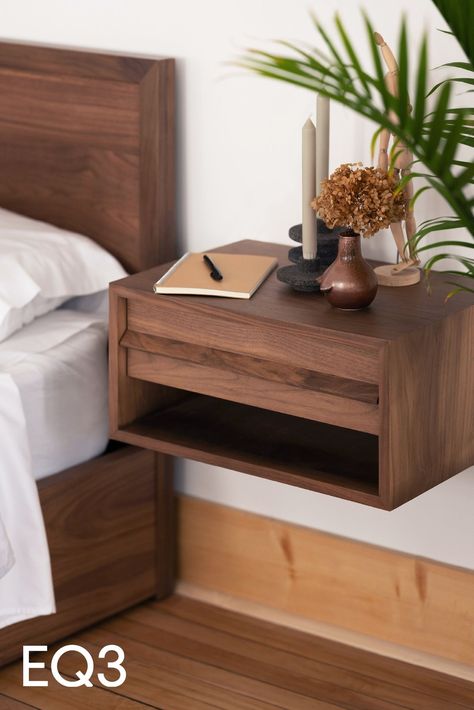 A single floating nightstand with an upholstered bed works in a small space, A tall modern chest with a classic low dresser can maximize storage in a medium sized space. Or get creative: mix hooks, single shelves, pegs, and our Climb shelving units for an open concept closet. #bedroomideas #storageideas #floatingnightstand Shelf Beside Bed, Bedroom Ideas Wood, Bedroom Shelf Ideas, Small Space Living Hacks, Bedroom Benches, Small Bedroom Storage, Small Nightstand, Shelf Floating, Artistic Furniture