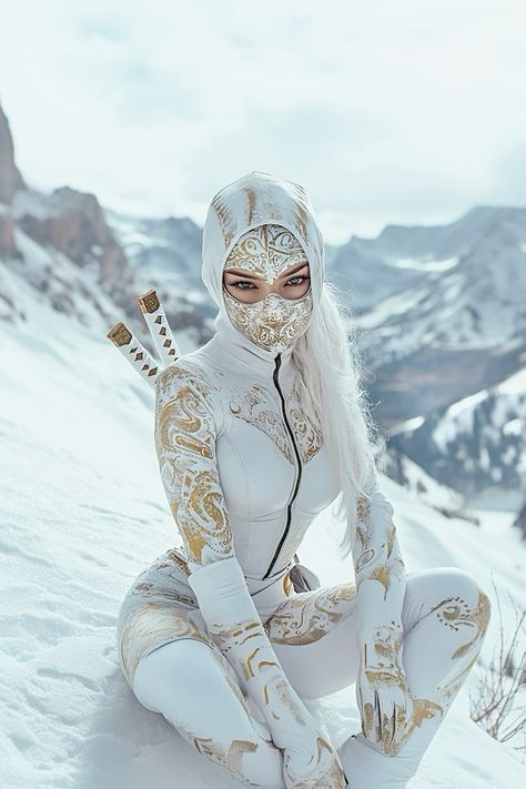 #winter#white#ninja#woman#artfashion Ninja Female Costume, White Assassin Outfit, White Ninja Outfit, Female Ninja Outfit, Ninja Outfit Female, Womens Armor, Ninja Female, White Ninja, Ninja Outfit