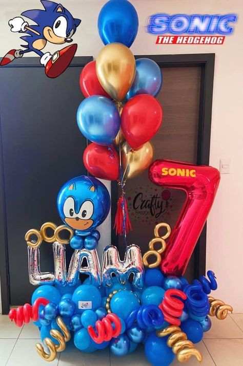 Sonic Balloon Column, Sonic Balloon Bouquet, Sonic Balloon Decor, Sonic Balloon Garland, Sonic Balloons, Sonic Birthday Cake, Bolo Sonic, Sonic Birthday Parties, Hedgehog Birthday