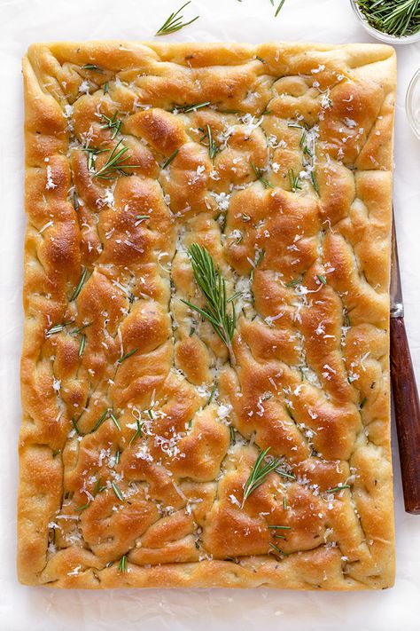 This focaccia infused with fresh rosemary is deliciously pillowy and light, finished with garlic olive oil plus a sprinkle of asiago cheese! | thecozyapron.com #focaccia #focacciabread #focacciabreadrecipe #focacciabreadrecipeeasy #focacciarecipe Same Day Foccacia Bread, Hawaii Bread, Focaccia Bread Recipe, Focaccia Recipe, Yeast Breads, Nice Recipes, Knead Bread, Asiago Cheese, Garlic Olive Oil