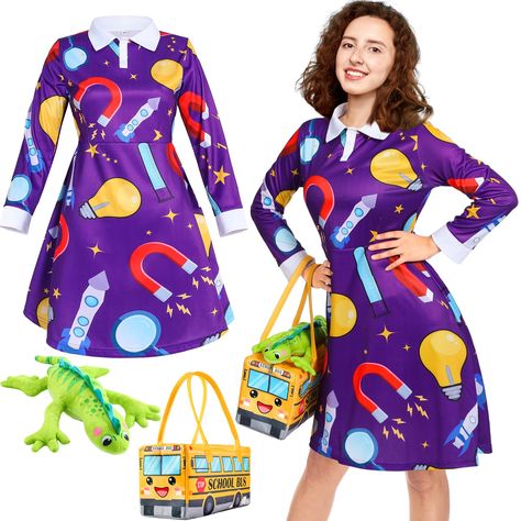 PRICES MAY VARY. Rich Content: this package comes with 1 piece Halloween costume, 1 piece yellow school bus bag, and 1 piece lizard doll, nice combination and exquisite style to meet your use needs; You can also share them with your friends or family Reliable Material: the purple long dress is made of quality fabric, safe, soft, breathable and lightweight, which can be applied for a long time; Designed with long sleeves, high waist, and collar, bringing you a smooth and comfortable wearing exper Teachers Dress, Librarian Costume, Vintage Long Sleeve Dress, School Halloween Costumes, Teacher Costume, Costumes For Work, Halloween Costumes For Work, Teacher Halloween Costumes, Purple Long Dress