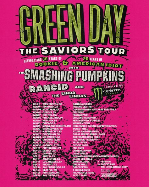 The saviors tour 2024 Green Day Poster, Green Day Live, Green Day Band, Leonardo Dicaprio Photos, Nothing But Thieves, The Smashing Pumpkins, Tour Poster, Stadium Tour, Smashing Pumpkins