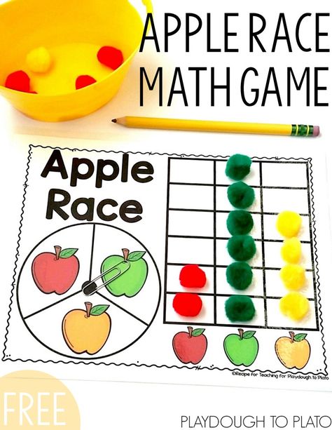 Free Apple Race Math Game for Preschool, Kindergarten or First Grade. Fun fall activity for kids! Preschool Apple Theme, September Preschool, Apple Kindergarten, Apple Lessons, Apple Math, Playdough To Plato, Apple Preschool, Apple Unit, Apple Activities