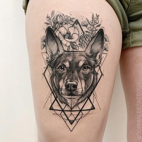 sophialee on Instagram: “Geometric line, Dog portrait and Australia native flowers(sturt desert pea, desert rose, cassia, golden wattle, protea, eucalyptus flowers)…” Geometric Pet Tattoo, Pet Portrait Tattoo, Geometric Dog Tattoo, Tattoo Tv Shows, Dog Portrait Tattoo, Tattoos For Dog Lovers, Floral Thigh Tattoos, Geometric Dog, Shape Tattoo