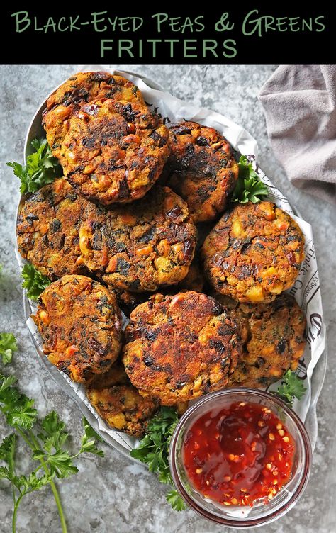 These 11-ingredient Black-Eyed Pea Fritters with Greens are a tasty, gluten-free, plant-based appetizer or snack. They are a fun spin on the Southern staple of black-eyed peas and greens for good luck in the new year. Peas Fritters, Pea Fritters, Blackeyed Peas, Black Eyed Peas Recipe, Black Eyed Pea, Appetizer Meatballs, Make Ahead Appetizers, Healthy Appetizer Recipes, Party Poppers