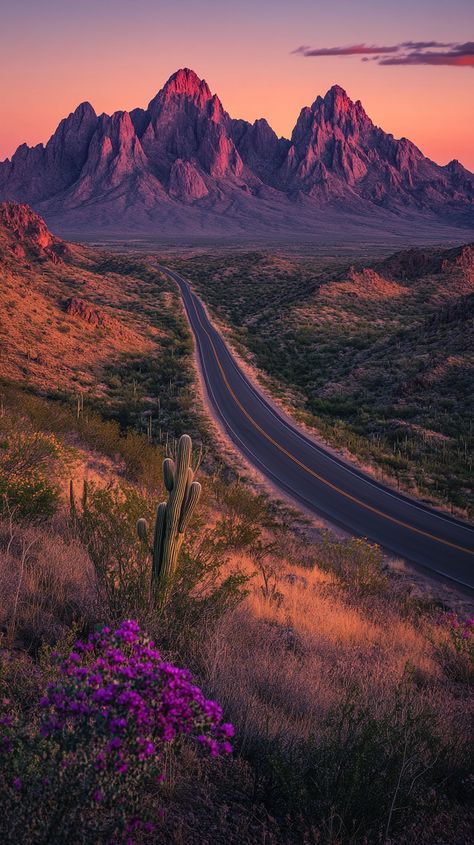 Discover the breathtaking beauty of a desert sunset with this stunning image of a winding road leading towards majestic, glowing mountains. Perfect for adventure seekers and lovers of scenic landscapes! 🌅✨ #Travel #Desert #Sunset #Adventure #RoadTrip #NaturePhotography... Goddess Branding, Desert Twilight, Desert Goddess, Sunset Adventure, Lily Images, Desert Road, Desert Sunset, Winding Road, Breathtaking Beauty