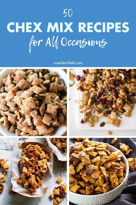 The ultimate round-up of Chex mix recipes! 50 unique snack mixes for all occasions. Lots of classic recipes as well as seasonal and holiday favorites. Sweet, savory, spicy, and more. #Chexmix #snackmix #partyfood Unique Chex Mix Recipes, Sweet Chex Mix Recipes Crockpot, Pick A Mix Sweets, Fall Check Mix Recipes, Honey Nut Chex Recipes, Chix Mix Recipes, Honey Nut Chex Mix Recipes, Savory Snack Mix Recipes, Peanut Butter Chex Mix Recipes