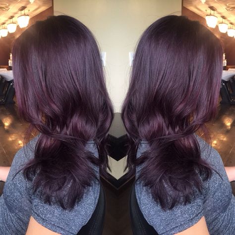 Breaking into #Fall colors! She wears this deep, intense violet like a hoss. Look how healthy and shiny her hair is!! #violetmerlot #lumishine #asseenincolumbus #614 Black Hair With Violet Undertone, Dark Hair With Violet Undertones, Intense Violet Hair Color, Red Violet On Dark Hair, Pravana Violet, Aveda Hair Color, Aveda Hair, Violet Hair, Hair Color Purple