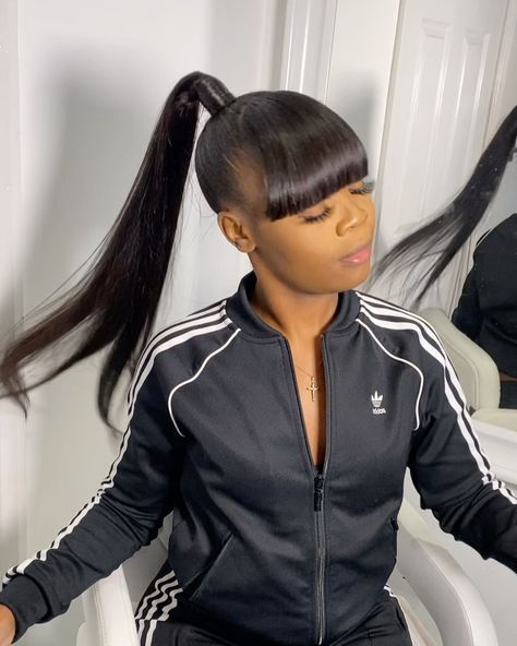 Gel Up Hairstyles, High Ponytail With Weave, Fringe Ponytail, Ponytails Ideas, Ponytail With Weave, High Weave Ponytail, Full Fringe, Weave Ponytail Hairstyles, Weave Ponytail