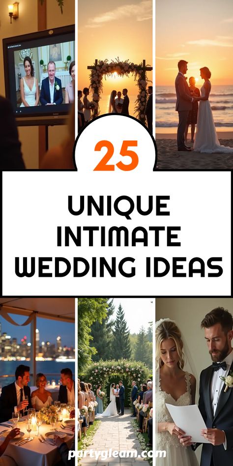 Planning a small wedding? Discover 25 unique intimate wedding ideas that will make your special day memorable. From creative concepts like a standing ceremony, small beach weddings, to personalized vows you write yourself, there's something for every couple! Host a casual boat dinner or surprise guests with a virtual ceremony—all while celebrating your love in an impactful way. Explore beautiful weekday, sunrise, or sunset celebrations that capture the magic of your relationship. Get inspired to create your dream intimate wedding! Beautiful Intimate Wedding, Intimate Beach Ceremony, Wedding For Two Private, Wedding In Your 40s, Minimony Wedding Ideas, Microwedding Ideas, Boat Dinner, Simple Wedding Venues, Personalized Vows