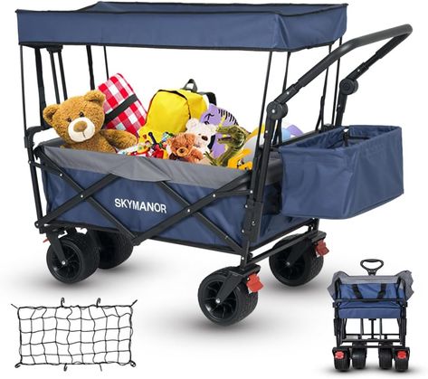 SKYMANOR 3-in-1 Foldable Garden Cart with Canopy for Kids & Cargo, EZ Folding Outdoor Stroller with Adjustable Handle Bar, All-Terrain Wheels, 300LBS, 2 Cup Holders, Seat Belt-Blue Heavy Duty Wagon, Collapsible Wagon, Kids Wagon, Outdoor Cart, Wagon Cart, Folding Wagon, Garden Cart, Portable Cooler, Big Wheel