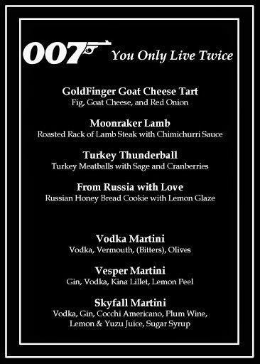 James Bond dinner party menu Bond Theme Party Ideas, James Bond Menu Ideas, James Bond Dinner Party, James Bond Party Food, James Bond Gala Theme, Casino Dinner Party, James Bond Decorations, James Bond Themed Party, James Bond Birthday Party