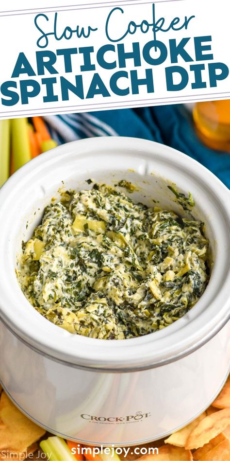 My Crockpot Spinach Artichoke Dip is the perfect easy appetizer. Throw everything together and let your slow cooker do the work! Easy Crockpot Spinach Artichoke Dip, Warm Spinach Artichoke Dip, Crockpot Spinach Artichoke Dip, Spinach Artichoke Recipes, Easy Spinach Artichoke Dip, Slow Cooker Spinach Artichoke Dip, Crockpot Spinach, Artichoke Dip Easy, Spinach Artichoke Dip Easy