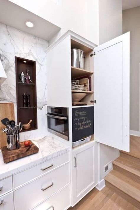 Hide Microwave, Microwave Placement, Hidden Microwave, Repurposed Kitchen, Tall Cabinets, Microwave Cabinet, Microwave Drawer, Microwave In Kitchen, Marble Backsplash