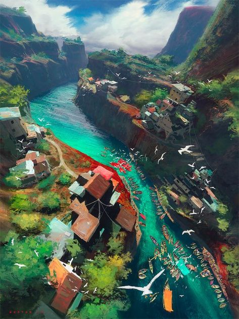 Digital Paintings & Concept Art by Stéphane Wootha Richard - Inspiration Grid | Design Inspiration Concept Art Landscape, Concept Plan, Landscape Concept, Cultural Architecture, Digital Paintings, Art Disney, Fantasy Places, Landscape Scenery, Grid Design