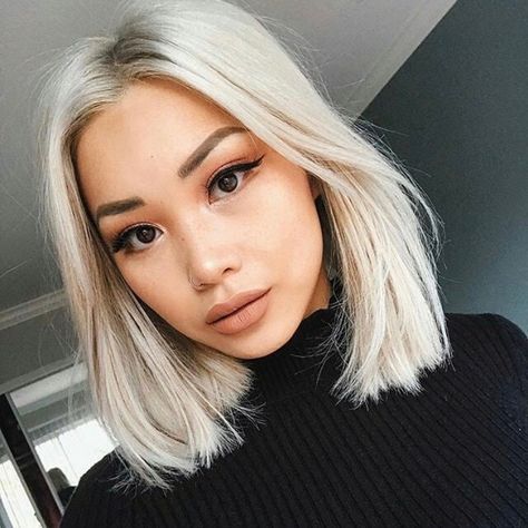 One length bob Asian Blonde Bob, Blonde Bob Asian, Asian Blonde Hair, Bleach Blonde Bob, One Length Bob, Asian Blonde, Blonde Asian Hair, Short Platinum Blonde Hair, Baylage Hair