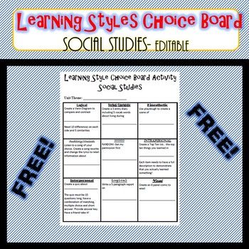 Learning Styles Choice Board- Editable- Social Studies Social Stratification, 6th Grade Social Studies, Choice Board, Choice Boards, History Activities, Teaching Middle School, Learning Styles, World History, Teacher Store