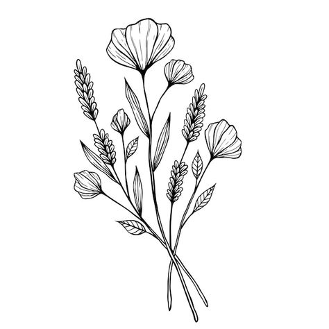 Hand drawn beautiful flower with lavende... | Premium Vector #Freepik #vector #botanical-elements #botanical #plant-outline #flower Plant Outline Tattoo, Plant Outline Drawing, Floral Png Vector, Lavender Outline, Botanical Outline, Plant Outline, Flowers Outline, Outline Flowers, Outline Flower