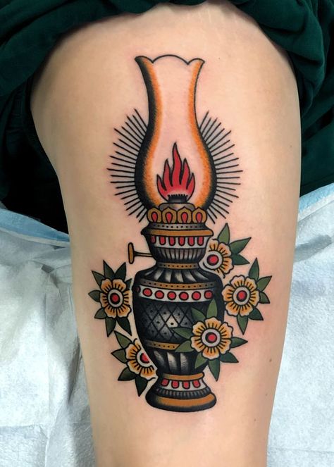 Colorful Traditional Tattoo, American Traditional Book Tattoo, Neotrad Sleeve, Neotrad Tattoos, Ojo Tattoo, Neat Tattoos, Tattoos 2023, Lamp Tattoo, Traditional Tattoo Old School