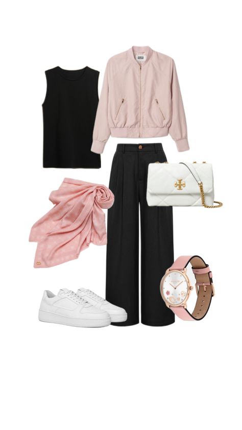 Black tank top, pink jacket, pink floral scarf, black trouserss, white crossbody bag, white sneakers, pink floral watch Pink Black Outfit, Black Outfit Hijab, Black Hijab Outfit, Hijab Casual Outfit, Pink Hijab, Black Hijab, Floral Watches, White Crossbody Bag, Sneakers Pink