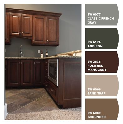 Paint colors from Chip It! by Sherwin-Williams Farmhouse Kitchen Cabinet Decor, Dark Brown Kitchen Cabinets, Dark Brown Cabinets Kitchen, Trendy Kitchen Tile, Dark Brown Cabinets, Brown Kitchen Cabinets, Dark Wood Kitchens, Brown Color Schemes, Brown Cabinets