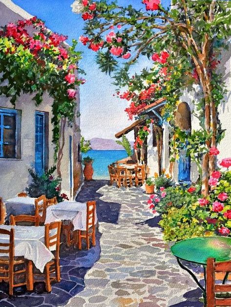 Cafe Painting, Number Painting, Greece Painting, Popular Diy, Outdoor Cafe, Landscape Pictures, Oil Painting Landscape, Paint Set, Banksy