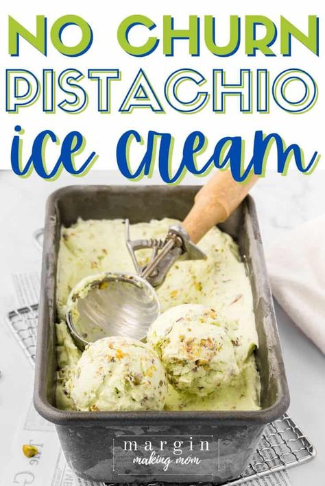 This deliciously creamy pistachio ice cream is a no churn recipe, so you don't even need an ice cream machine! Pistachio pudding, heavy cream, and sweetened condensed milk serve as the base for the ice cream, which is finished off with chopped pistachios for a delicious treat that rivals the local gelato shop! Homemade Pistachio Ice Cream, Pistachio Ice Cream Recipe, Gelato Shop, Pistachio Ice Cream, Ice Cream Recipe, Ice Cream Machine, An Ice Cream, 4 Ingredients, Pistachio