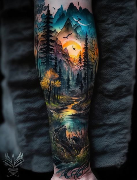 Forest Flowers Tattoo, Vibe Tattoos, Forest Tattoo Sleeve, Tattoo Mountains, Wilderness Tattoo, Forearm Cover Up Tattoos, Outdoor Tattoo, Colored Tattoo, Nature Tattoo Sleeve