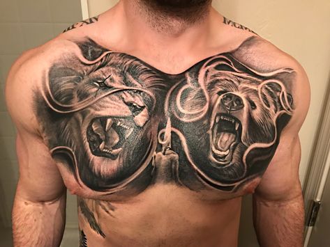 Lion vs Bear tattoo (Survival of the fittest theme) 💉💉💉 Lion Bear Tattoo, Chest Tattoo Bear, Bear Chest Tattoo, Chest Tattoo Outline, Tattoo Peito, Shield Tattoo, Survival Of The Fittest, Mens Lion Tattoo, Custom Tattoos