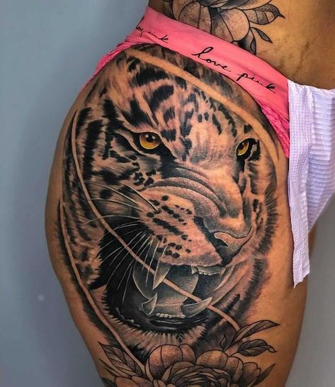 Tiger Leopard Tattoo, Hip Tattoo Tiger, Tiger Thigh Tattoo For Black Women, Leopard Hip Tattoo, Tiger Hip Tattoos Women, Tiger Tattoo For Women Thighs, Thigh Tiger Tattoo, Tattoos On Hip, Tiger Tattoo Thigh