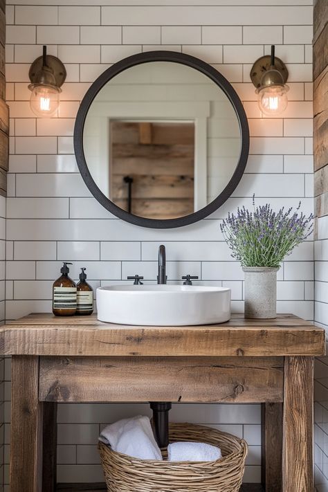 Transform your space with these rustic and modern bathroom ideas! Featuring a blend of wood and white subway tiles, this look is perfect for a cozy yet stylish bathroom makeover. Add greenery for a fresh touch. #ModernBathroomIdeas #HomeDecor #RusticDesign Black And Wooden Bathroom Ideas, Bathroom Black White And Wood, Industrial Boho Bathroom Ideas, Rustic Half Bath Ideas, Farmstyle Bathroom Modern, Rustic Subway Tile Bathroom, Black And White Bathroom With Wood, Rustic Guest Bathroom Ideas, Industrial Farmhouse Bathroom Ideas